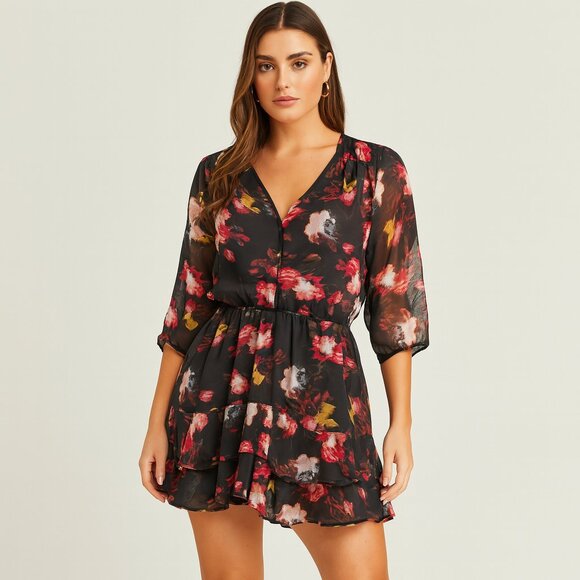 Kut from the Kloth FLORAL BLACK MINI DRESS RUFFLE CARMEN 3/4 SLEEVE FAUX WRAP 8 - Picture 1 of 9